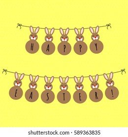 Easter decoration - bunting with funny bunnies and hand written text Happy Easter, vector eps 10