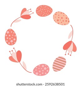 Easter Decoration Circular Wreath with Pastel Eggs and Floral Elements. Illustration of a circular wreath made of pastel-colored Easter eggs and stylized abstract flowers, representing festive 