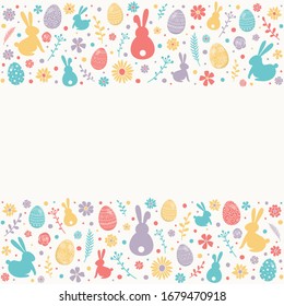 Easter decoration with colourful bunnies, eggs and flowers. Background with copyspace. Vector