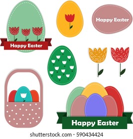 Easter decoration. Colourful flat stickers isolated on white background. Hand drawn vector illustration.