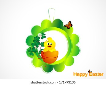 Easter decoration with cute chick and clover