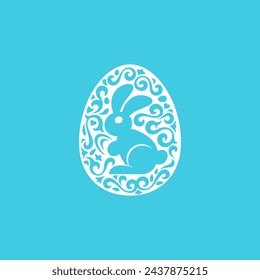 Easter decoration egg silhouette with rabbit. Happy Easter Day Spring Holiday. Isolated vector illustration icon on blue background. 