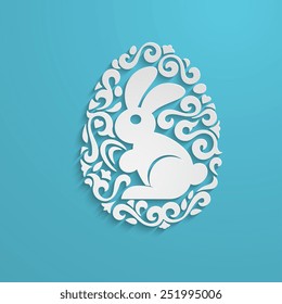 Easter decoration egg silhouette with rabbit, paper style, isolated vector illustration icon on a blue background.