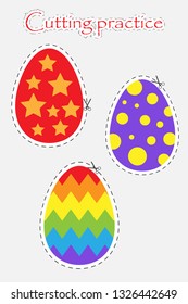 Easter decoration eggs in cartoon style, cutting practice, education game for the development of preschool children, use scissors, cut the images, vector illustration