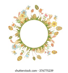 Easter decoration with grass, flowers, birds, eggs, honeybee and rabbits placed in a circle. Happy easter colorful greeting card. Easter vector illustration on white background. 