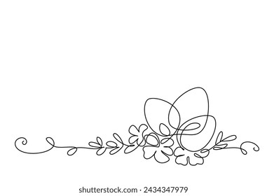 Easter decoration. Holiday eggs with flowers and plant branches. Happy Easter concept. Greeting banner design. Continuous one line drawing. Vector illustration in minimal style.