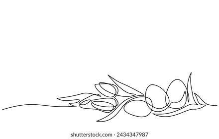 Easter decoration. Holiday eggs with flowers and plant branches. Happy Easter concept. Greeting banner design. Continuous one line drawing. Vector illustration in minimal style.