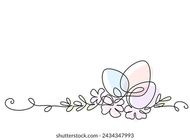 Easter decoration. Holiday eggs with flowers and plant branches. Happy Easter concept. Greeting banner design. Continuous one line drawing. Vector illustration in minimal style.