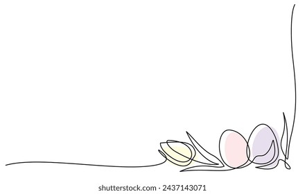 Easter decoration. Holiday eggs with flowers and plant branches. Happy Easter concept. Greeting banner design. Continuous one line drawing. Vector illustration in minimal style.