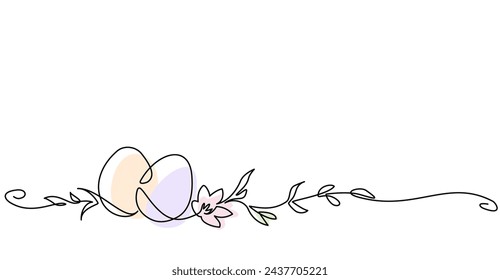 Easter decoration. Holiday eggs with flowers and plant branches. Happy Easter concept. Greeting banner design. Continuous one line drawing. Vector illustration in minimal style.