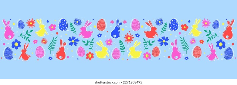 Easter decoration with painted eggs, bunnies and flowers. Banner. Vector illustration