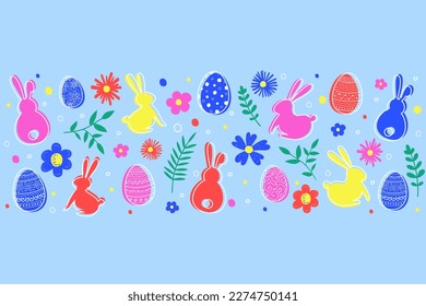 La decoración de Semana Santa con huevos pintados, conejillos y flores. Cartel. Ilustración del vector