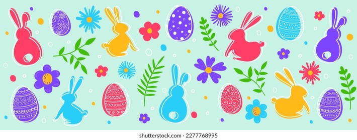 Easter decoration with painted eggs, bunnies and flowers. Banner. Vector illustration