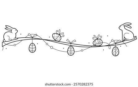 Easter decoration with painted eggs. Bunnies and Easter eggs. Outline illustration, isolated on white background	