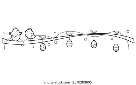 Easter decoration with painted eggs. Chickens and Easter eggs. Outline illustration, isolated on white background	