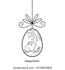 Easter decoration with painted eggs. Rabbit with carrot. Outline illustration, isolated on white background	