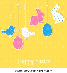 Easter decoration with rabbits, birds, eggs. Holiday symbols for invitations, posters and easter card
