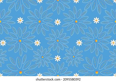 Easter Decoration Seamless Flowers Ornament. Spring will come with chamomiles, the human soul will apt to revive also. Dreaming, look to the blue sky. The sun's rays are reflected in petals. 