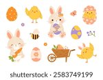 Easter decoration set. Easter bunny, chicks and eggs. Flat vector isolated illustration