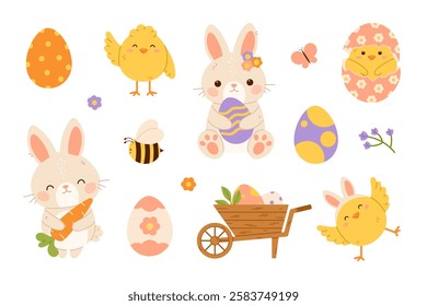 Easter decoration set. Easter bunny, chicks and eggs. Flat vector isolated illustration