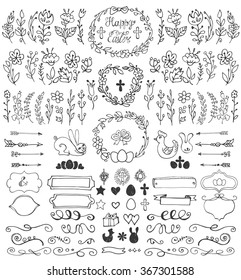 Easter decoration set.Doodles flowers,border,eggs,crucifix,arrow badges,chicken,bunny,floral elements.Vintage vector template,invitations,holiday menu.Hand drawing  baby design.Spring religious Vector