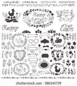 Easter decoration set.Doodles  Flowers,border,eggs,crucifix,arrow,chicken,hare, elements.Vintage vector design templates,invitations,holiday menu.Hand drawing design.Spring Easter religious silhouette