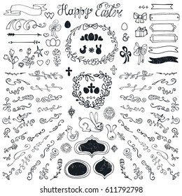 Easter decoration set.Doodles flowers,border.Vintage vector Hand drawing design.Spring 