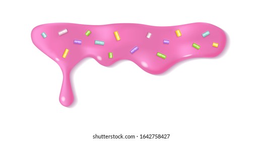 Easter decoration with sprinkling isolated on white background. Melted pink icing or sweet sauce drop. Doughnut glaze design. Realistic 3d horizontal leaking syrup dripping. Top edge border