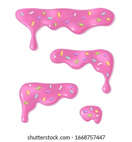 Easter decoration with sprinkling isolated on white background. Melted pink icing or sweet sauce drop. Doughnut glaze design. Realistic 3d horizontal leaking syrup dripping. Top edge and corners