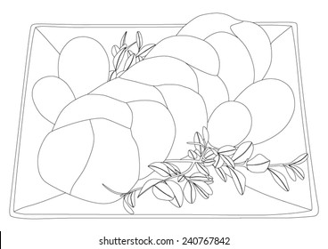 Easter decoration - sweet braided bread, homemade, with color eggs and boxwood on the plate - black lines - vector