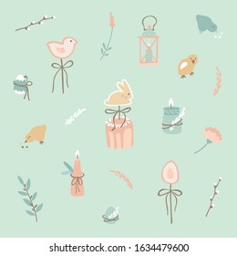 Easter decorations: Easter cake, eggs, chickens, gingerbread, flowers, branches, candles, lantern candlestick. Seamless pattern for banners, wallpapers, easter cards and wrapping. Doodle illustration