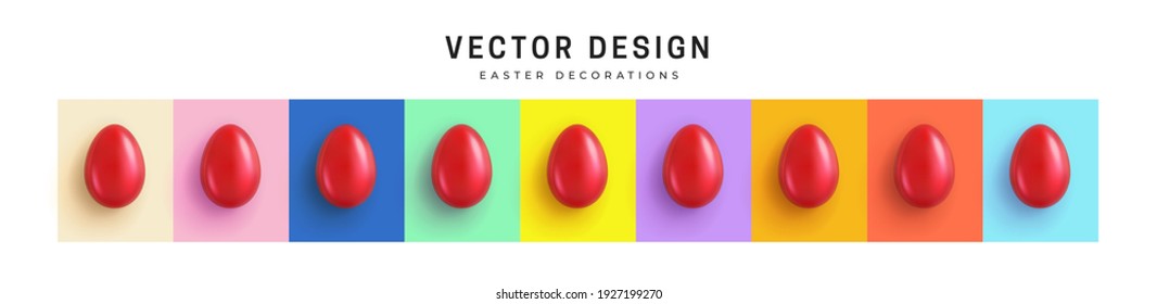 Colección de decoraciones de Semana Santa. Conjunto de glamurosos Huevos Rojos de Pascua cerrados con diferentes colores. Sombra de huevos adaptada a cada color. Aislamiento en un fondo de color. Vista superior. Diseño de vectores