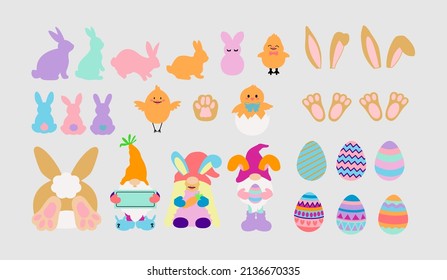 Osterdekoration. Hase, Zwerge, Eier, Huhn, Korb. Helle, handgezeichnete Vektorgrafik. Einziger weißer Hintergrund. Für Osterdekor, Scrapbys, Einladungen und Karten