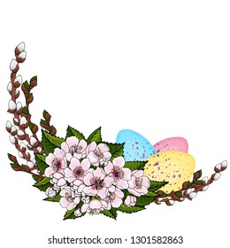 Easter decorations from young willow branches, decorated with multicolored Easter eggs and pink cherry flowers. Symbol of spring and Easter. Vector illustration