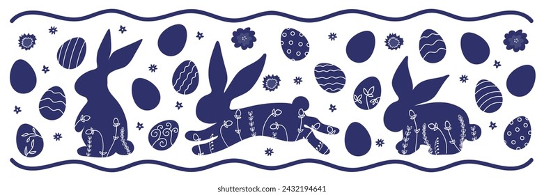 Easter decorative banner rabbit silhouettes, flowers and easter eggs. Vector illustration