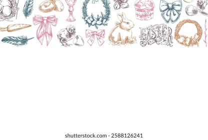 Easter decorative border with rabbit, chick, eggs, bow, willow, feathers, wreath, festive ornaments

