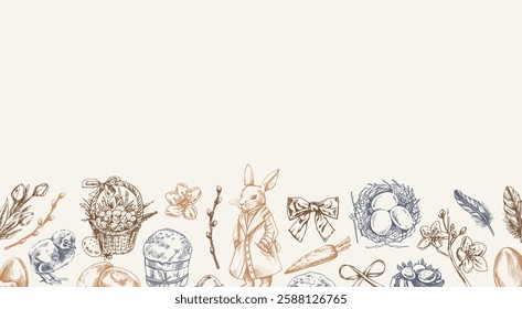 Easter decorative border with rabbit, chick, eggs, bow, willow, and feathers in vintage pastel style