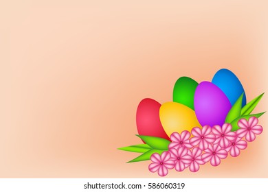 Easter decorative design with colorful eggs and pink flowers with green leaves on peach color background