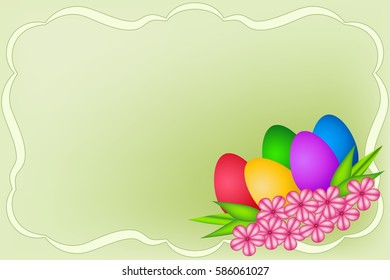 Easter decorative design with colorful eggs and pink flowers with green leaves on light green background with decorative frame