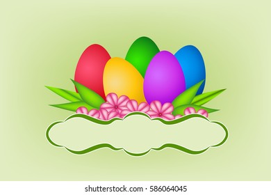 Easter decorative design with colorful eggs and pink flowers with green leaves on light green background and blank banner