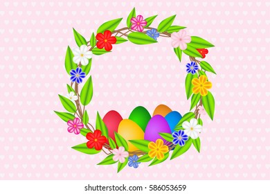 Easter decorative design with wreath of twigs with leaves and flowers and colorful eggs on pink background with hearts