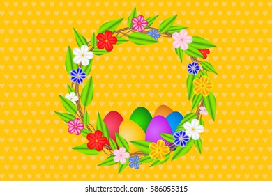 Easter decorative design with wreath of twigs with leaves and flowers and colorful eggs on yellow background with hearts