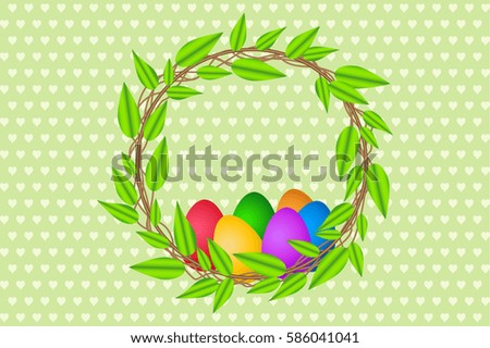 Easter decorative design with wreath of twigs with leaves and colorful eggs on light green background with hearts