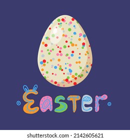 Easter decorative egg with 
multicolored dots and hand drawn lettering. Doodle illustration. Pastel colors greeting card isolated on purple background.