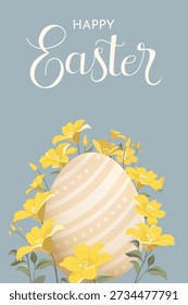 Easter Decorative Egg With Yellow Flowers Vertical Greeting Card Illustration in Soft Pastel Spring Colors