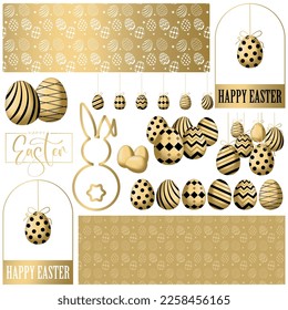 Easter decorative elements for cards, banners, social media. Isolated holiday decor in gold and black colors. . Vector illustration