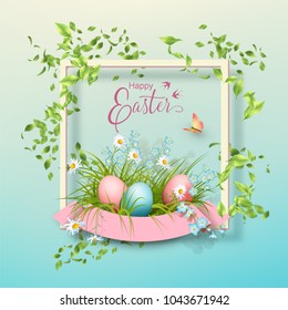 Easter decorative frame with painted eggs, flying green leaves and inscription Happy Easter