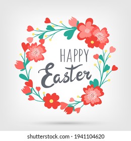 Easter decorative hand drawn cute wreath with flowers, leaves, text. Lettering Happy Easter holiday. Spring floral colorful collection. Abstract vector illustration for greeting card, invitation