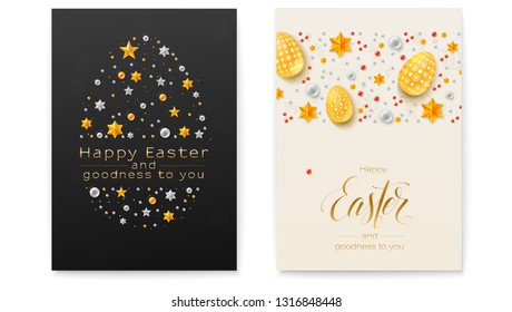 Easter decorative invitations. Festive pattern made from gold and silver stars and glittering pearls. Poster with handwritten greetings text. Chic vector greetings card for Church Easter holidays.