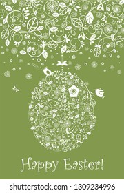 Easter decorative olive green greeting card with crochet lacy decoration, hanging floral egg, nestling box and funny little birds